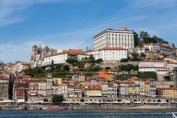 View of Porto city at the riverbank (Ribeira quarter) and wine b