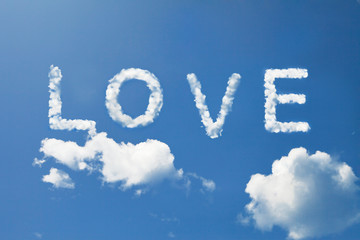love word in cloud pattern on blue sky