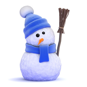 Snowman in blue hat with a broom