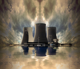 Nuclear power plant on the coast. Ecology disaster concept.