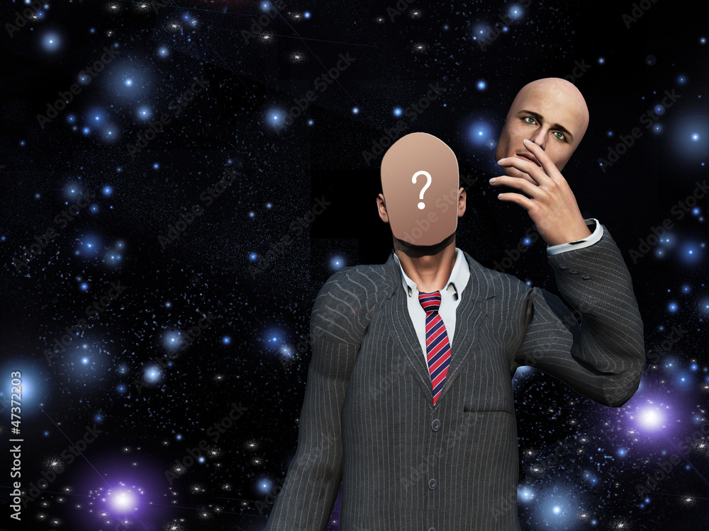 Poster man removes face showing query before stars