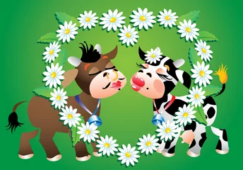 Poster de jardin Ferme Bande dessinée embrassant les vaches et la frontière de camomille