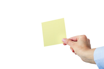 Hand holding up yellow note