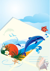 summer holiday envelope with beach, dolphin