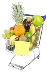 A shopping cart trolley with fruit and blank memo note