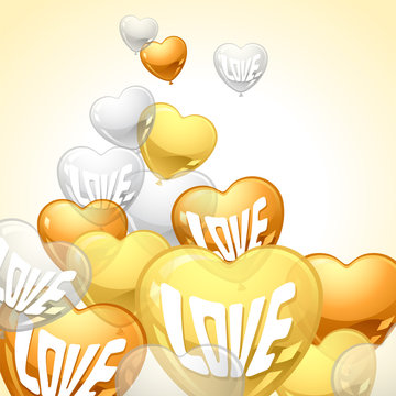 Background with flying balloons in the shape of a heart.