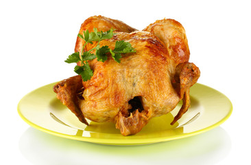 whole roasted chicken with parsley isolated on white