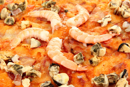 Delicious pizza with seafood close-up