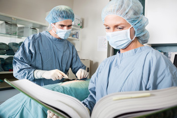Veterinarian Doctor And Female Assistant In Surgical Theatre