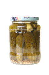 Glass jar with pickled cucumbers 