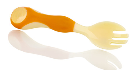 Small beige fork for babies isolated on white