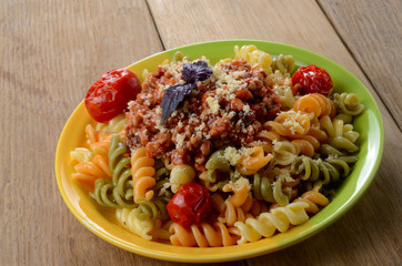 Pasta fusilli with bolognese