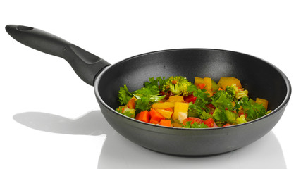 Sliced fresh vegetables in pan isolated on white