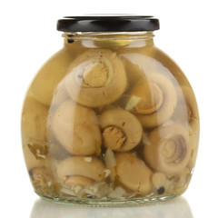 Delicious marinated mushrooms in bank isolated on white