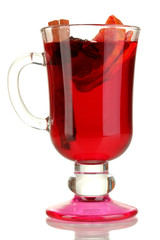 Fragrant mulled wine in glass isolated on white