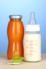 Baby bottle of milk and juice on blue background