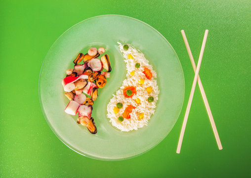 Chinese asian seafood and risotto with side dish