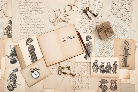 antique accessories, old letters and fashion drawings