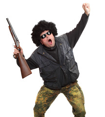 The hooligan with shotgun. Gun control concept.