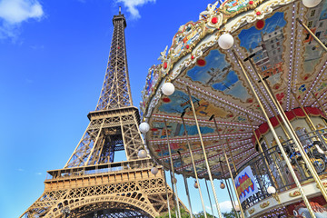 Merry-go-round and Eiffel Tower in Paris, France