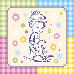 Cute Baby Girl Vector Illustration with Kid Patterns Set