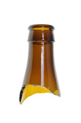 Broken glass, brown bottle neck isolated on white background