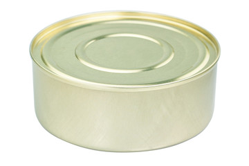 Round tin of meat. Close-up on a white background.