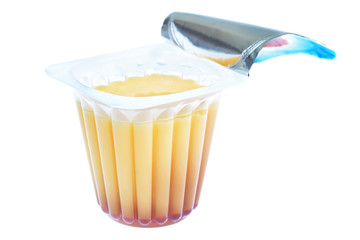 Delicacies yogurt, pudding, open-label. On a white background.