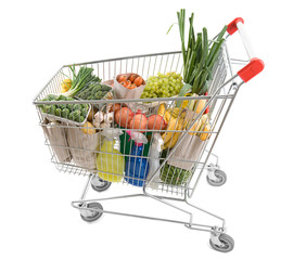 Shopping cart full of grocery isolated on white background