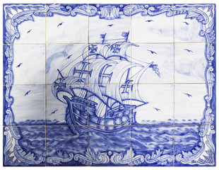 ancient portuguese tiles with a ship