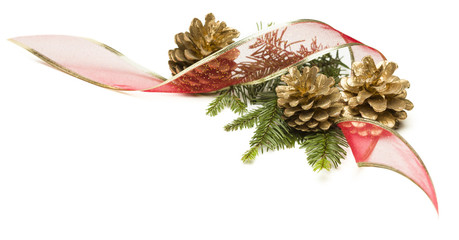 Pine Cones, Red Ribbon and Pine Branches Isolated on White
