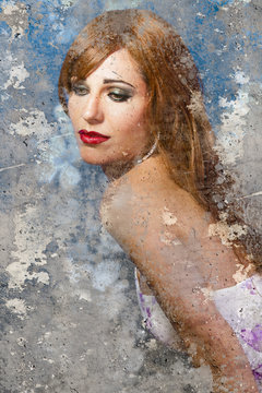 Artistic portrait with textured background, girl wedding dress