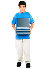 Portrait Of Boy Holding Stack Of Laptops