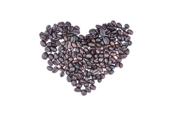 Heart made of coffee beans, I love coffee isolated on white