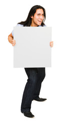 Happy man holding placard