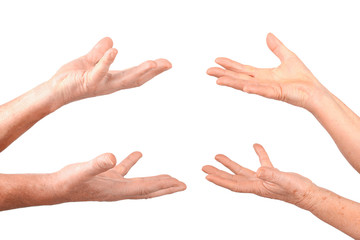 senior hands show hold on palms gesture, isolated