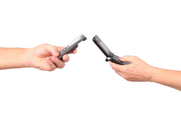 senior hands hold mobile phones, isolated, white