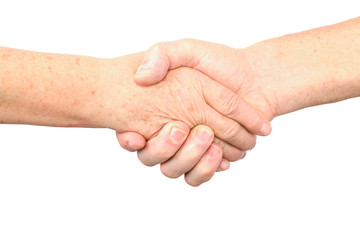 senior woman, man handshake gesture, isolated