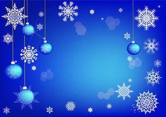 blue christmas illustration with balls and snowflakes
