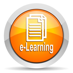 e-learning orange glossy icon on white background