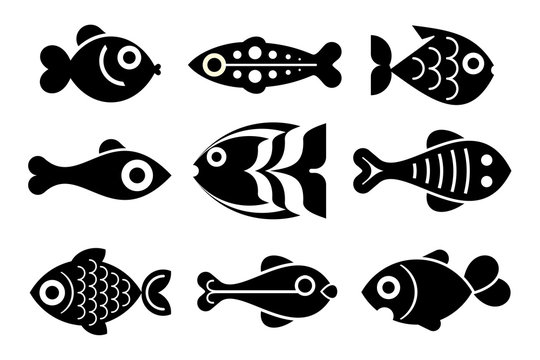 Fish line icon set. Such icons include thin, thick and silhouette fish icon  set. Editable line. Fish icon. Fish logo template. Creative vector symbol  of fishing club or online web shop. 7036817