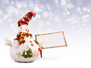 Happy snowman with greeting postcard