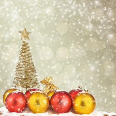 Christmas tree with balls and gift bags on snow background abstr