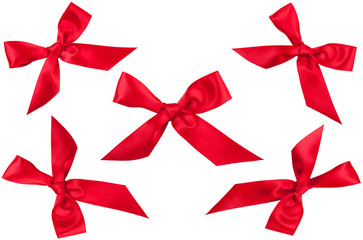 Set of five red ribbon bows in different position