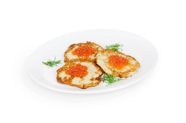 potato pancakes with red caviar. isolated on white background