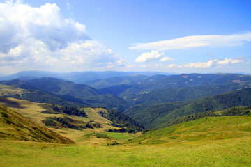 Fototapeta premium Summer landscape with green grass, road and clouds
