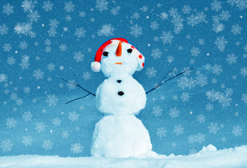 Snow man in santa cap on nature