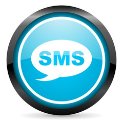 sms blue glossy circle icon on white background