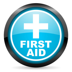 first aid blue glossy circle icon on white background