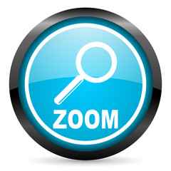 zoom blue glossy circle icon on white background